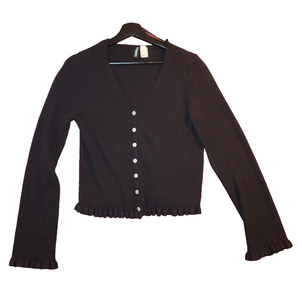 H&M  Women XL Black Ribbed Cardigan V Neck Button Front Ruffle Y2K